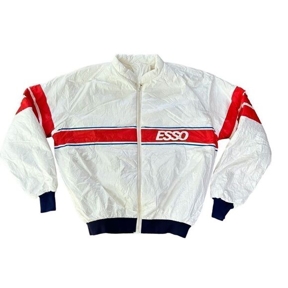 Vintage ESSO Oil racing Jacket Brindilla D-3 Poly Material Large White Red - Picture 1 of 6